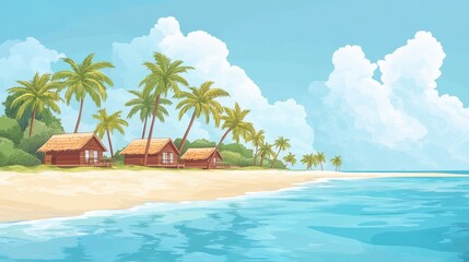 Obraz premium An illustration of a sunny tropical beach with palm trees and beach huts along the shore, offering a calm, island getaway feel.
