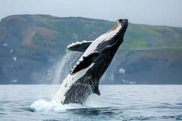Fototapeta premium Humpback Whale Breaching in Ocean Against Blue Sky