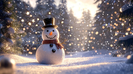 Obraz premium A cheerful snowman standing in a snowy winter scene with festive decorations and a holiday vibe