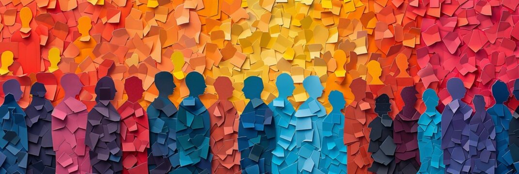 An image displaying human silhouettes in varied colors positioned against an intricate, abstract mosaic background, reflecting diverse community and vibrant artistic representation.