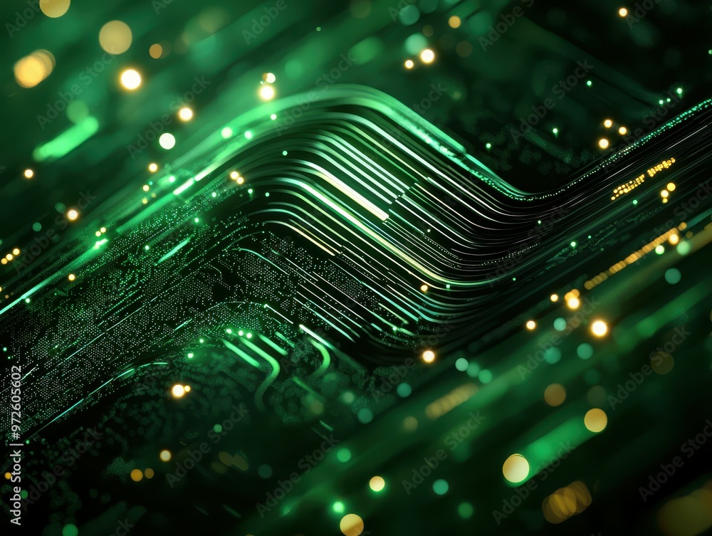Poster abstract green circuit board design with glowing lines and lights.