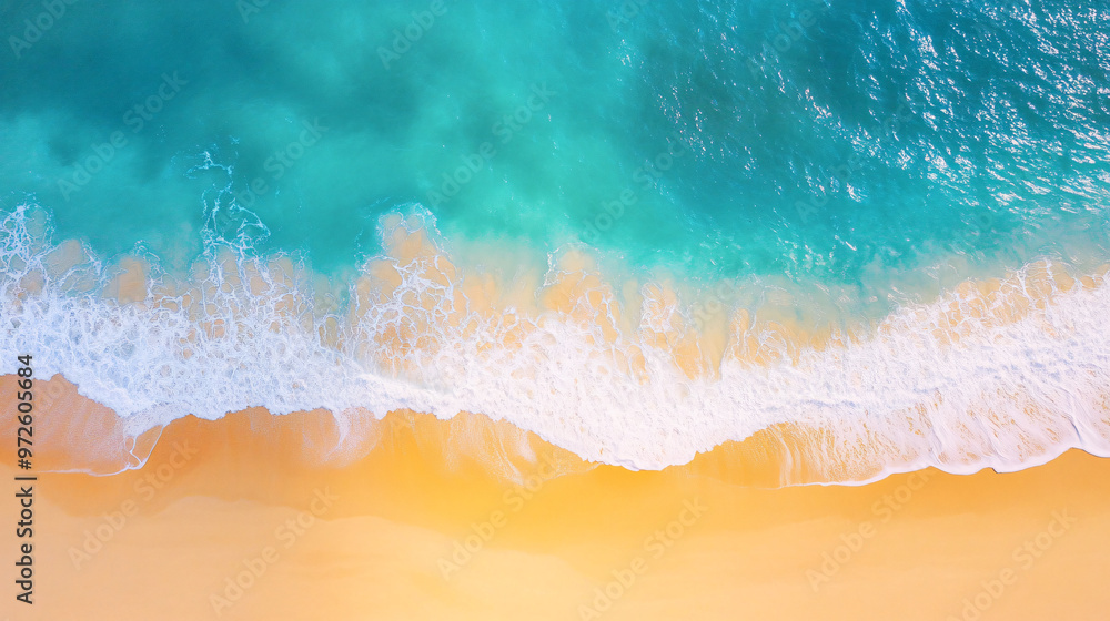 Poster aerial view of turquoise water waves crashing on a golden sand beach creating foam