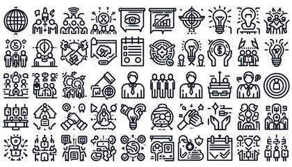 Set of 36 line icons related to society, teamwork, cooperation. Outline icon collection. Editable stroke. Vector illustration