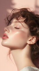 Profile model minimalist beauty shot with soft beige and pink makeup tones, woman with natural curly hair, closed eyes, shot for the beauty industry showing a skincare