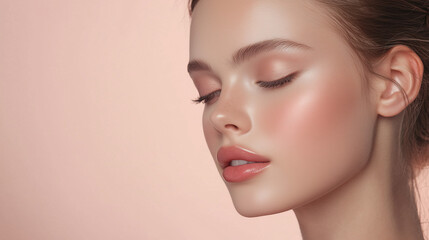 Fototapeta premium Minimalist beauty: profile model with soft makeup in beige and powder pink tones with natural beauty and closed eyes on empty background, beauty industry 