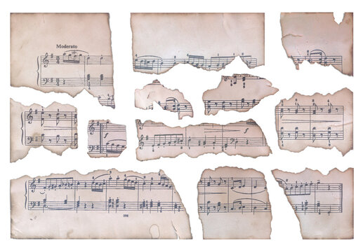 Set  fragments of various antique scores of old composers with yellowed aged edges to create a unique background, design element. With shadow. Isolated on transparent background. Cut out.PNG