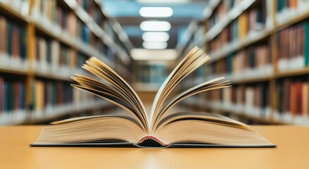 Open book on library table with blurred background, symbolizing knowledge and learning