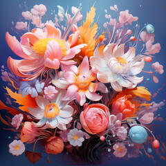 Fototapeta premium Colorful arrangement of vibrant flowers and leaves with artistic details against a blue background