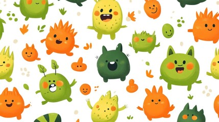 Obraz premium Seamless Design of Cute Green and Orange Cartoon Characters with Happy Expressions on White Background