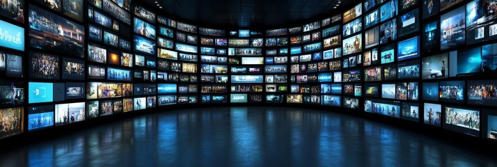 Multimedia Background With A Wall Display of Various Channel Images and Streaming Media