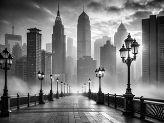 High-contrast black and white urban landscape featuring a misty cityscape at dawn with sleek skyscrapers, dark alleys,