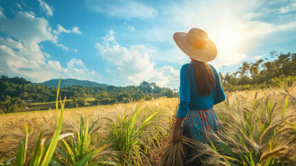 Fototapeta premium Rural woman working in a field, harvesting crops under a bright blue sky, warm natural sunlight, peaceful and hardworking atmosphere, lush green landscape surrounding her, traditional clothing
