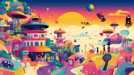 A colorful cartoon world with characters going about their day in a funky, vibrant setting