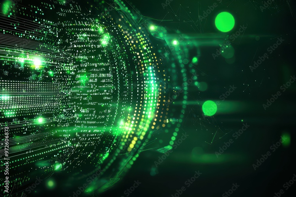 Poster abstract green data visualization with luminous particles and lines.