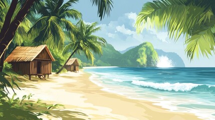 Fototapeta premium An illustration of a tropical beach with palm trees and wooden beach huts, the ocean waves softly crashing in the background