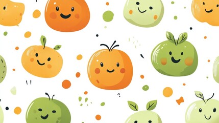 Seamless Design of Cute Green and Orange Cartoon Characters with Happy Expressions on White Background