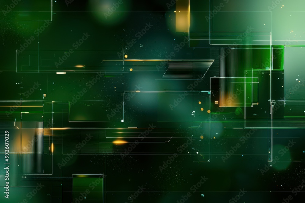 Poster abstract green geometric design with illuminated patterns and soft glowing elements.