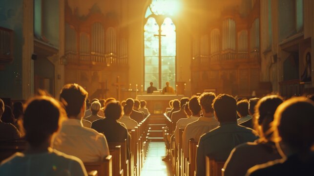 A large group of people are sitting in a church