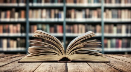 Open book on wooden table in library with blurred bookshelf background