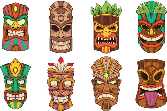 Cartoon tiki masks. Vector illustrations bundle with each image on a separate layer.