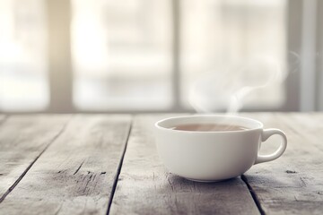 Steaming cup of tea placed on rustic wooden table