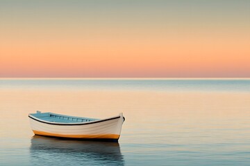 Naklejka premium Small boat floating on a calm sea at dusk