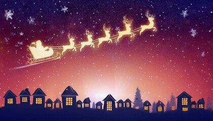 サンタクロース、トナカイ、クリスマスイブ、夜空、星、雪、シルエット、ソリ、村、クリスマス飾り、冬、ホリデーシーズン、ファンタジー、サンタの旅、クリスマス風景