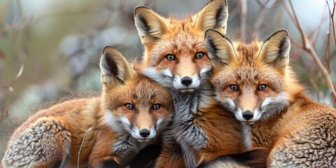 Fototapeta premium Close-up of a red fox from the Vulpes genus Family portrait of the foxes, filled with charm and happiness