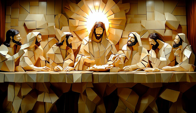Artistic modern depiction of The Last Supper with Jesus and disciples stylized in geometric patterns.