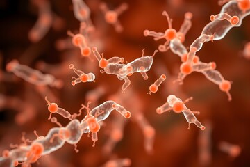 A detailed microscopic view reveals an intricate network of bacteria and microbes, showcasing their distinct shapes and cellular structures in vibrant clarity.