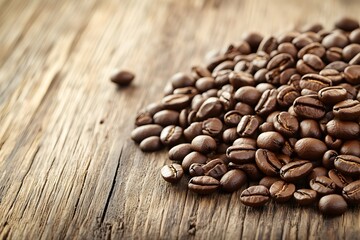 Fototapeta premium Fresh roasted coffee beans scattered on a rustic table