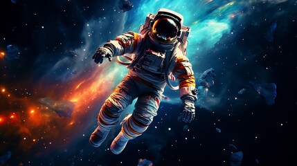 Astronaut floating in vibrant space with cosmic elements.