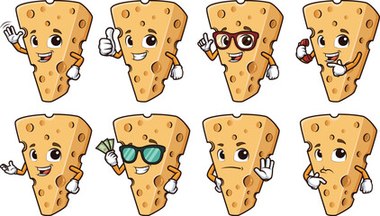 Swiss cheese cartoon character. Vector illustrations bundle with each image on a separate layer.