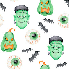 Halloween pattern with frankenstein face,pumpkin,eye and bats.Autumn holidays.Watercolor seamless pattern dedicated to Halloween party.Fabric design