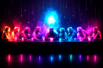 Modern stylized depiction of The Last Supper with Jesus and His disciples in vibrant colors and geometric forms.