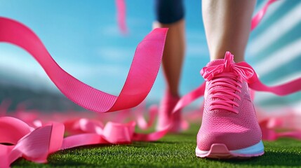 Public fundraising walk for breast cancer awareness supporters in pink ribbons UHD stock photography