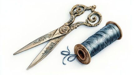 Vintage scissors and a spool of blue thread on a white background, showcasing traditional sewing tools for crafting enthusiasts
