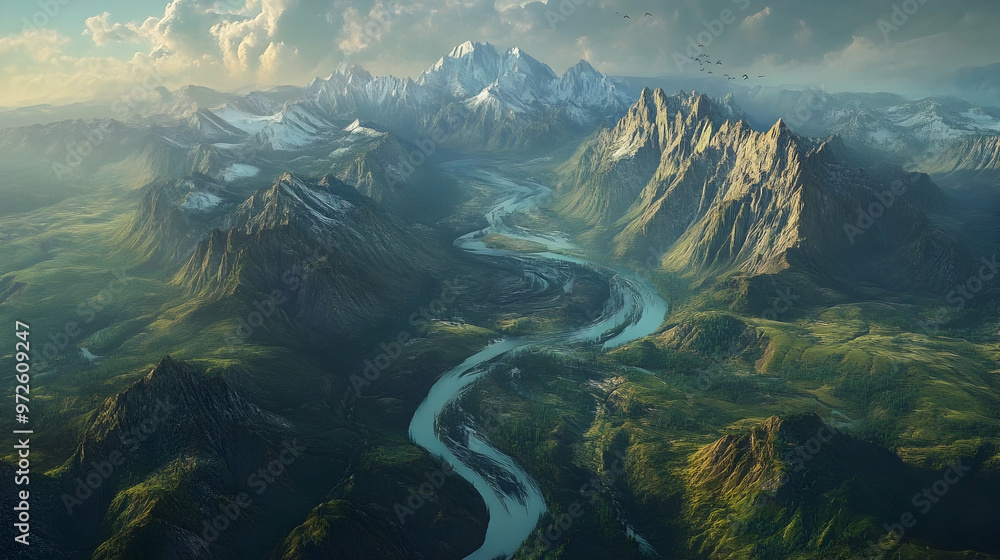 Poster a mesmerizing landscape with 3d mountains and rivers extending out of the frame, creating depth and 
