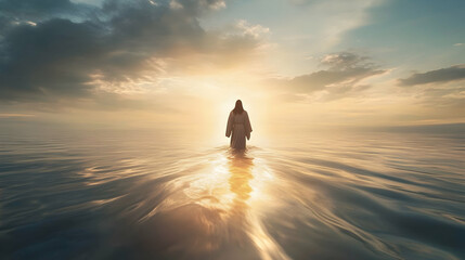 Fototapeta premium A miraculous image of Jesus walking on calm waters, holy light radiating around him as the waves gently move