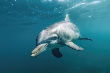 Fototapeta premium Playful Dolphin Swimming Under Sunlit Ocean Waters