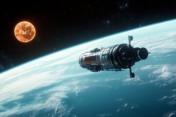 Naklejka premium Spacecraft in Orbit with Distant Sun Over Earth, Futuristic Satellite Floating Above the Planet