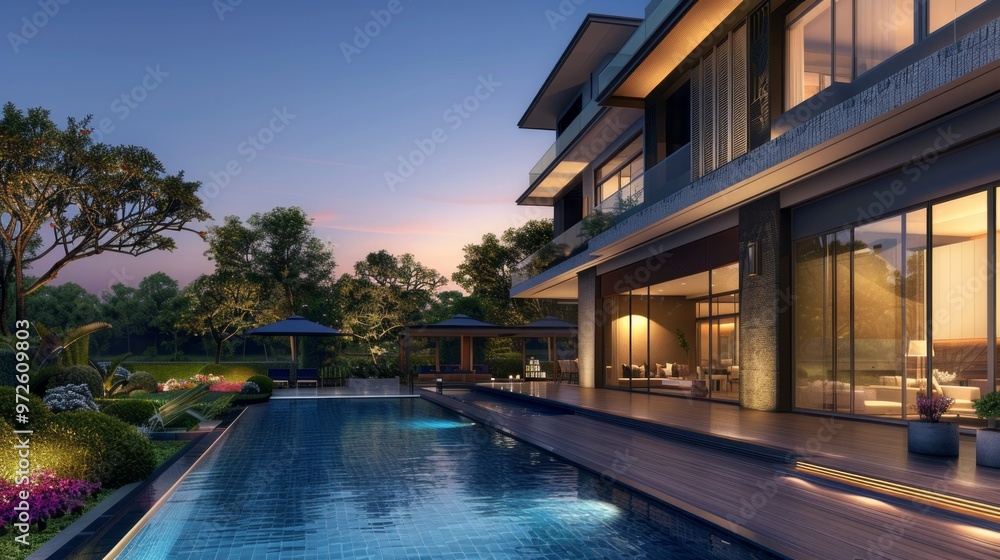 Poster a large house with a pool and a patio