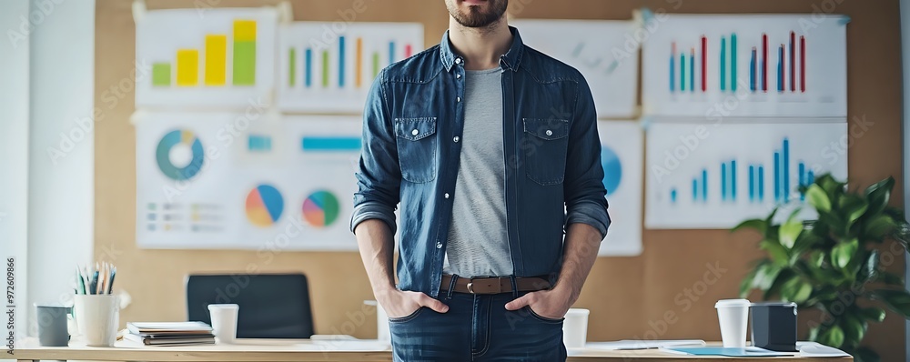 Poster confident businessman with hands in pockets, standing in an office setting with charts and graphs on