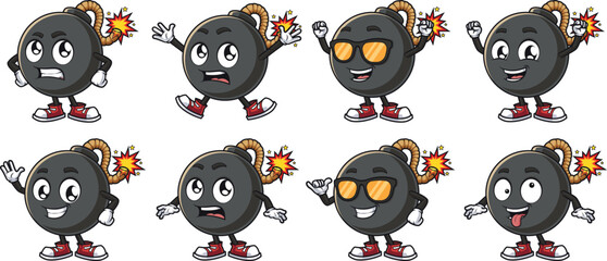 Cartoon black round bomb character with burning fuse. Vector illustrations bundle with each image on a separate layer.