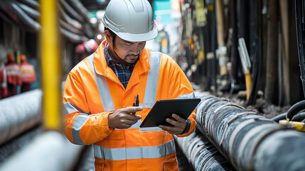 Engineer in high-visibility gear using a tablet to inspect underground pipelines in a trench. This image showcases the critical work of monitoring and maintaining infrastructure.