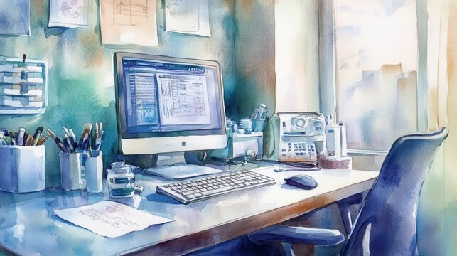 A cozy home office with a computer, stationery, and natural light in a tranquil workspace