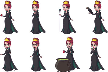 Cartoon evil witch queen character. Vector illustrations bundle with each image on a separate layer.
