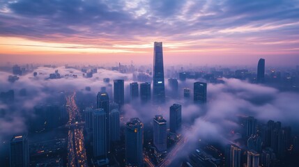 Fototapeta premium In the early morning, clouds cover modern city skyline and skyscrapers stand tall in front of it.