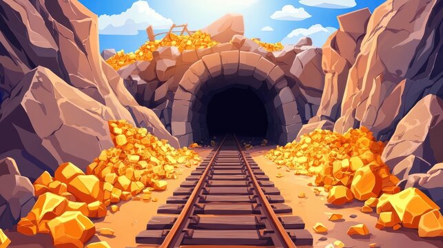 Cartoon Gold Mine Tunnel with Golden Rocks and Train Tracks, Designed for Game Art Background
