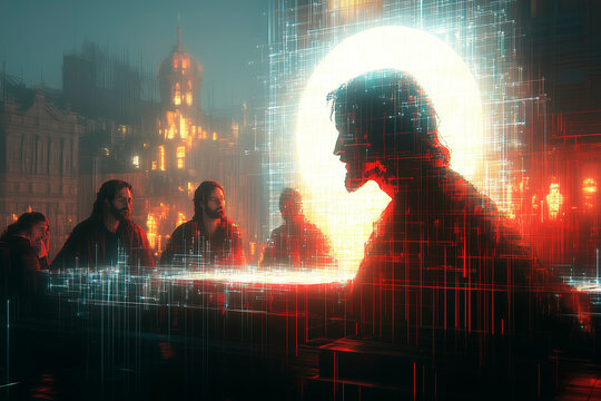 A modern stylized depiction of The Last Supper featuring Jesus and disciples in a digital art style 